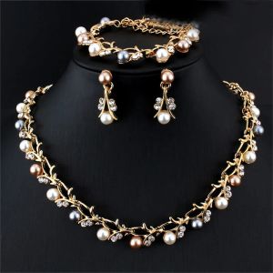 New Europe Fashion Jewelry Set Evening Party Women's Faux Pearl Rhinestone Branch Necklace Bracelet With Earrings 3pcs/set