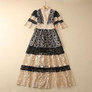 Casual Dresses European and American Women's Clothes 2023 Spring New Stand Collar Five-Point Hylsa Kontrast Color Lace Fashion Dress XXL