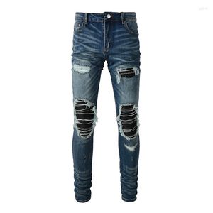 Herr jeans män läder lapp cyklist mager avsmalnande stretch denim blå byxor streetwear lapptäcke hål rippade byxor