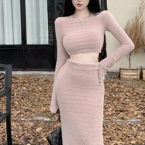 Work Dresses Fashion Women 2 Piece Set Autumn Winter Mohair Knitted Sweater Long Sleeve Crop Top Pencil Skirt Elegant Party Suit