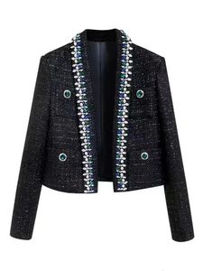 Kvinnor Wool Blends High Quality Designer Rhinestone Beading Tweed Short Jacket Coat For Women Autumn Winter Celebrity Casual Outwears 231123