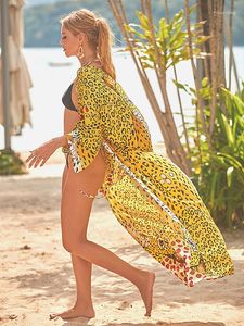 Women's Swimwear Bikini Cover Up Chiffon Beach Kimono Women Leopard Printed Long Cape For Swimsuit Tunic Summer Wear Factory Supply
