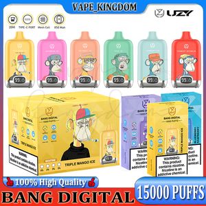 Original UZY Bang Digital 15000 Puff Disposable E Cigarettes Oil Indicator Power Indicator 1.2ohm Mesh Coil 20ml Pod Battery Rechargeable E Cigs Puff 15K 0% 2% 3% 5% Vape Kit