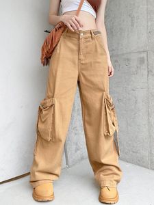 Kadınlar kot weiyao kadınlar haki denim cepleri kargo pantolonları vintage 90'lar düşük belli Kore moda sokak kıyafetleri düz bacak pantolonları