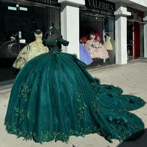 Verde esmeralda brilhante vestido de baile quinceanera vestidos apliques flor contas fora do ombro doce 16 vestido de 15 anos rendas-up