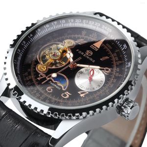 Wristwatches Forsining Retro Tourbillon Skeleton Automatic Mens Watch Moon Phase Luminous Hands Classic Mechanical Watches Leather Strap