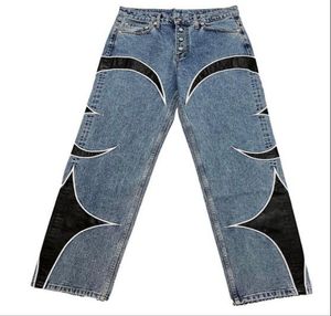Women's Jeans High street American retro Y2K printed black patchwork pattern jean for men and women loose straight wideleg pants casual 230422