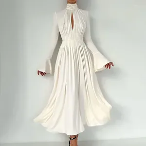 Casual Dresses Spring Turtleneck Solid Pleat Hem Long Dress Women Sexy Hollow Out Tunic Boho Maxi Autumn Flare Sleeve Evening