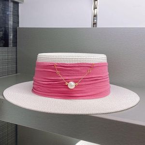 Cappelli a tesa larga Estate Cappello di paglia bianco Rinbow Band Perle Donna Ladies Boater Skimmer Dress Beach Wedding Party Fedora