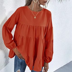 Kvinnors blusar Fashion Spring och Autumn Orange Round Neck Lantern Sleeve Stor Swing Loose Top Elegant Woman Long Casual Shirt