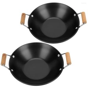 Pans 2 Pcs Stainless Steel Griddle Kitchen Cookware Pot Cooking Saute Pan Metal Household Wooden Handle Nonstick Lid Noodle Wok Drop D Dhl0B