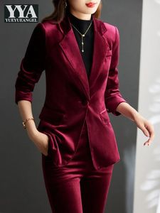 Mulheres duas peças calças elegantes escritório senhoras veludo terno conjunto fino ajuste mulheres trabalho conjuntos de correspondência blazer jaqueta perna larga outono ternos 4xl 231123