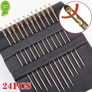 New 12 24pcs Self-Threading Sewing Needles Stainless Steel Quick Automatic Threading Needle Stitching Pins DIY Punch Needle Threader