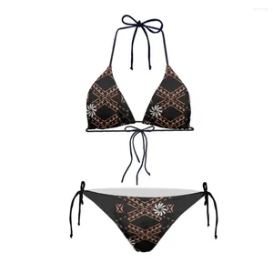 Women's Swimwear Bra Bikini Set Women Sexy Bandage Bathing Suit Polynesian Tribal Clothing Black And White Tiare Flower Print Low Waist