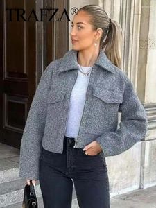 Kurtki damskie Trafza Fashion Solid Slim Fit Cropped Tape z kieszonkowym kołnierzem polo z długim rękawem płaszcz Vintage Autumn Lady