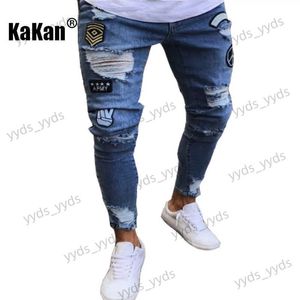 Jeans masculinos Kakan europeus e americanos de alta qualidade novos jeans longos masculinos elásticos apertados jeans buraco crachá calças slim-fit jeans K14-881 T231123