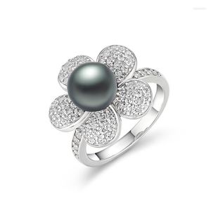 Cluster Ringe LAYA 925 Sterling Silber Mode Zirkon Schwarz Muschel Perlenring Für Frauen Hochzeit Geburtstagsfeier Hochwertige Blume