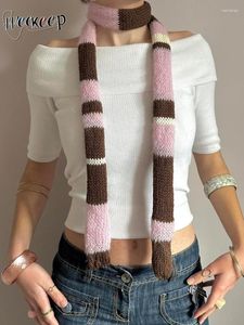 Scarves Weekeep Sweet Y2k Knitted Striped Print Scarf Women Autumn Winter Cute Warm Streetwear 2000s Aesthetic Casual All-match