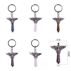 Angel Skeleton Hexagonal Pillar Natural Healing Crystal Stone Keychain Charm Alloy Pendant Schlüsselanhänger Wholesale