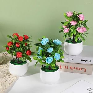 Decorative Flowers Artificial Bonsai Easy Care Realistic No Watering Non-withered 12 Fake Rose Potted Plant Home Supplies