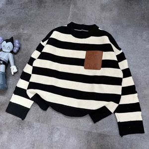 Autumnwinter Lo New Thickened Stripe Color Block Sweater Pocket Panel Leather Design Fashionable and Simple Casual Style