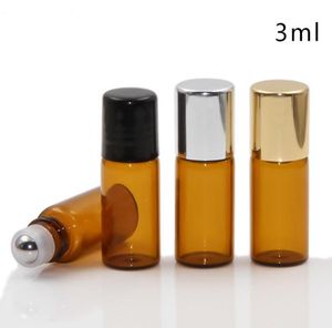 500Pcs 1/2/3ml Amber Glass Bottles with gold lid Glass Bottle Metal Roller Ball Roll on Brown Bottle