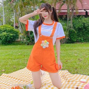 Kadın Şort Japon Harajuku Turuncu Turuncu Kadınlar Kız Yaz Kawaii Sevimli Askı Tulum Tatil Genç Tatil Giysileri