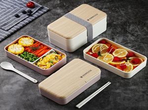 Double Layer Lunch Box 1200ml Wooden Feeling Salad Bento Boxes Microwave Portable Container For Workers Student YFAX30948695959