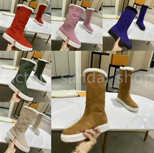 Designer boots Lamb wool knee-high boots Warm flat boots for women Vintage printed snow boots Winter Warmth Suede Leather Women Casual outdoor boots