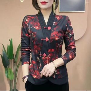 Etniska kläder cheongsam kvinnors plus size topps 2023 vinter bomullsblandning tryck splittra v-hals oregelbunden kinesisk stil qipao skjortor