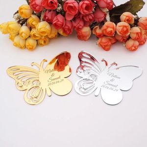 Party Supplies 20st/Lot Custom Acrylic Mirror Butterfly Taggar Personligt namn Datum Present Hollow Out Designinbjudningskort