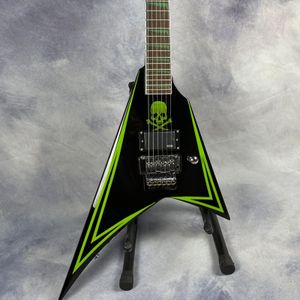 Em estoque Greeny Alexi Laiho Children of Bodom Green Skull Black V Guitarra elétrica Sawtooth Inlay Floyd Rose Tremolo Bridge China EMG Pickup Chrome Hardware