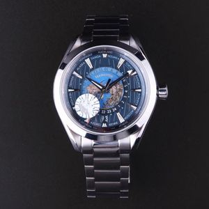 Men's high quality watch World Time function Swiss movement rubber steel strap Global travel leisure sports business Blue aquamarine new debut luxury brand watch