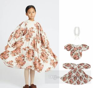 Girls floral printed corduroy dresses baby lace hollow embroidery lapel puff sleeve climb clothes kids princess dress Z5550