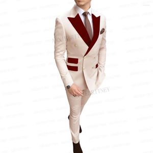 Men's Suits Classic Beige Mens Tailored Double Breasted Slim Fit Groom Wedding Burgundy Velvet Lapel Tuxedo Dress Blazer Pants