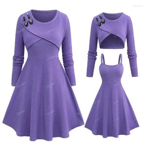 Casual Dresses ROSEGAL Plus Size 2023 In Solid Purple Buckle Crop Top And Textured Tank Dress Women Two Piece Vestidos