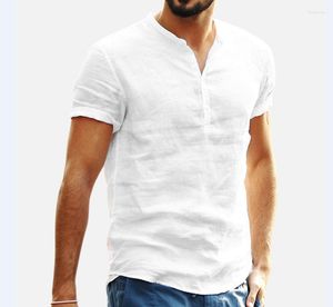 Men's Casual Shirts Men's Standing Collar Cotton Linen Short Sleeved Shirt 2023 Male Button Down Designer Clothes Tops For Men T-Shirts