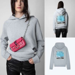 23aw Hoodies Sweatshirt Zadig Voltaire New Designer Pullover Hoodie ZV White Ink Digital Vintage Print Hot Diamond Cotton Women Versatile Hooded tröja TIDE TOPS