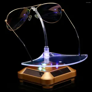 Jewelry Pouches Solar Powered Glasses Rotating Display Stand Holder 360 Turntable Curve Presentation Showcase Colorful LED Lights