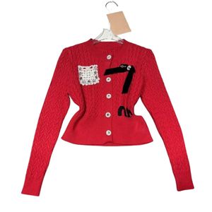 Women's o-neck long sleeve coarse wool knitted rhinestone cute bow letter embroidery single breasted sweater SML