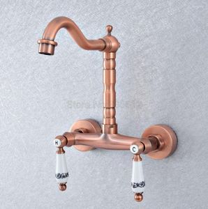 Bathroom Sink Faucets Antique Red Copper Wall Mounted Swivel Spout Kitchen Vessel Faucet Dual Ceramic Lever Basin Taps Tsf905