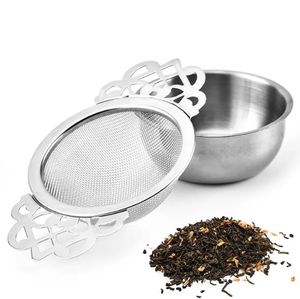 Filtro per tè in acciaio inossidabile con filtro per tè con tazza inferiore Doppio manico Filtro sfuso Filtro per tè riutilizzabile Accessori per teiera dh981
