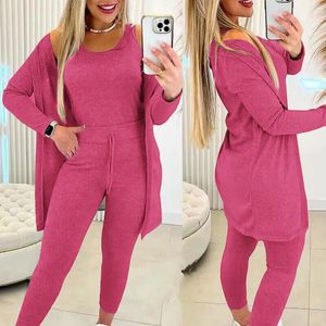 Calças femininas de duas peças c 2023 conjuntos longos femininos manga agasalho magro com capuz sweatersuit sólido casual conjunto moletom 231123