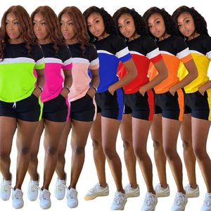 Frauen Designer Trainingsanzug Sport Zweiteiler Sommer Mode Lässig Spleißen Shorts Kurzarm Einfarbig Anzug 7 Farben
