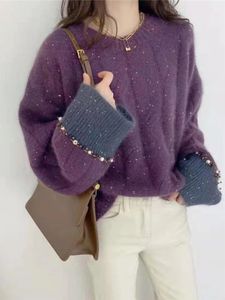 Womens Sweaters Sweater Knitted Pulled Korean Fashion ONeck Nail Bead Top Loose Long Sleeve Jumper Christmas Day Clothing 231122