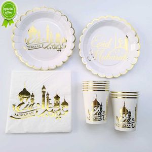 New 2023 Eid Mubarak Decorations for Home Disposable Tableware Paper Plates Cups Napkins Muslim Party Dinner Ramadan Mubarak Banners