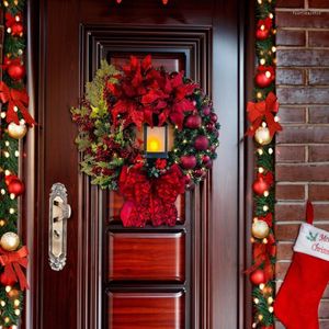 Decorative Flowers Christmas Wreath Door Decoration With Led Lights 11.8 Inches Hanging Ornament For Window Mantle Indoor Outdoor Decor