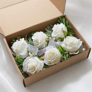 Decorative Flowers Petals Wild Flower Ivory Rose Wrist Corsage Wristlet Band Bracelet And Men Boutonniere Set For White Wedding