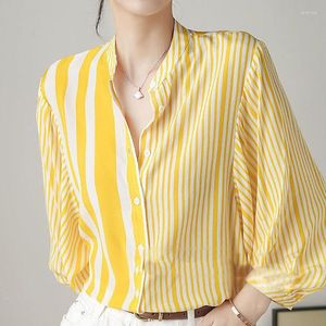 Bluzki damskie żółte paski do druku szyfonowa THE Down Down Elegancka koreańska bluzka wiosna lato moda dla kobiet