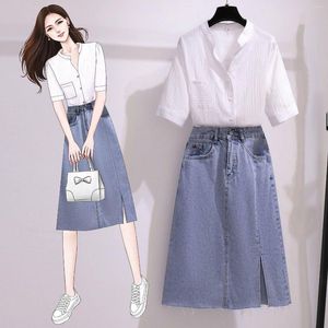 Arbetsklänningar Summer Korean Fashion 2 Two Piece Kjol Set Women Outfits Kort ärm Vit skjorta och hög midja denim långa kjolar kostym Q87